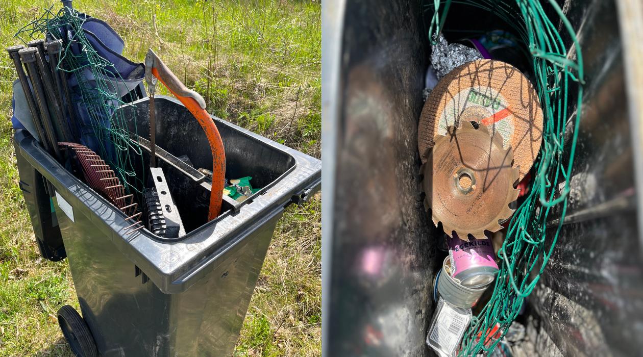 Metalbeholderen i skraldespanden er til emballage fra husholdningsaffald som tomatdåser og sølvpapir. Store og tunge metalgenstande skal på genbrugspladsen.  Skraldespand fyldt med stort og tungt metalaffald